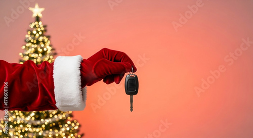 Santa Claus hand holding car keys as a Christmas gift against peach gradient background with tree and copy space