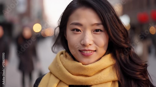 Young Asian Woman in Yellow Scarf Smiling on City Street with Bokeh Background