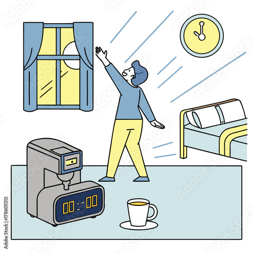 Man waking up in the morning with coffee and coffee maker