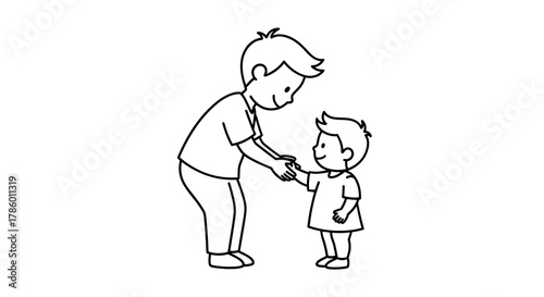 older boy, brother greets younger brother by the hand, linear illustration in a simple black and white design. Father giving a toy to son while smiling in a playful scene  