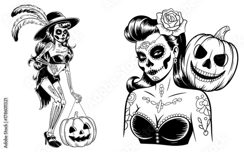 Dia de los muertos and halloween pinup skeleton girls with pumpkins