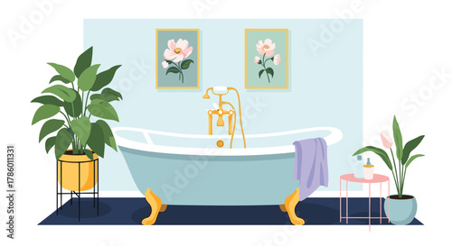 Cozy bathroom with clawfoot tub and plants, decorated with floral art.