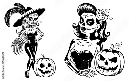 Two skeleton women with sugar skull makeup and pumpkins for halloween