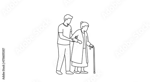Young man assisting elderly woman with cane while walking in a simple linear black and white design