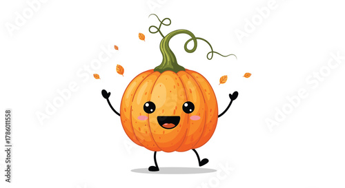 Cute cartoon pumpkin character with arms and legs, happily dancing among falling autumn leaves.