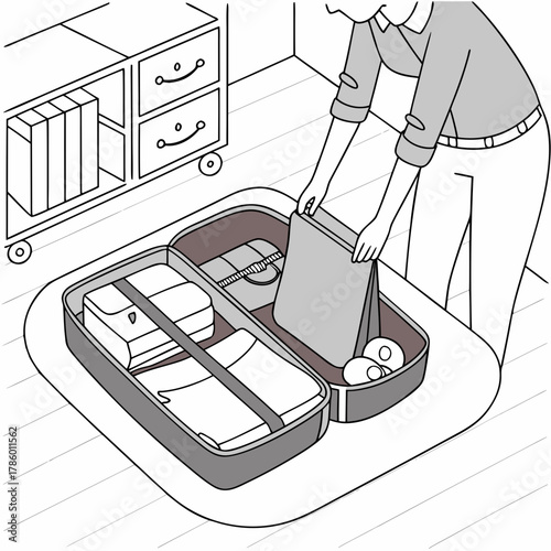 Person packing suitcase on floor next to cabinet with drawers and shelves