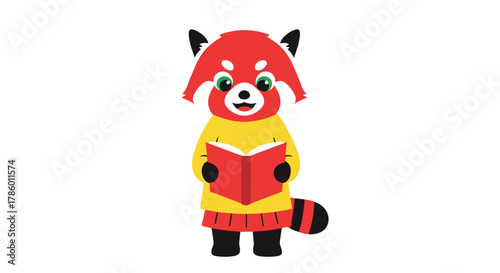 Cute cartoon red panda wearing a yellow sweater reading a red book in a cozy den.