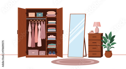 Open wooden wardrobe filled with clothes and storage boxes next to a full-length mirror and a dresser.