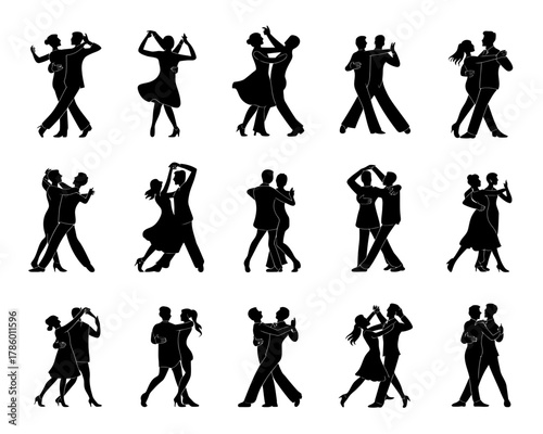 Collection of silhouettes of couples dancing together in various poses