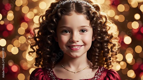 Young Girl With Curly Hair And Tiara Smiling In Red Dress With Bokeh Lights Background