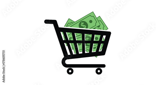 Black shopping cart filled with green dollar bills representing consumer spending and financial transactions