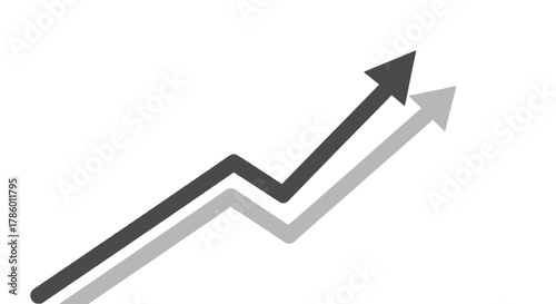 Two upward trending arrows one dark gray and one light gray symbolizing growth and progress on a white background