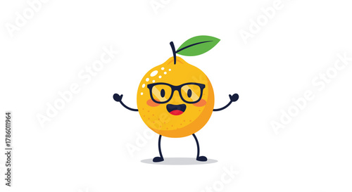 Cute cartoon lemon character wearing glasses and raising arms with a happy expression.
