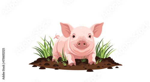 A happy pink piglet stands in a patch of dirt with green grass around it.