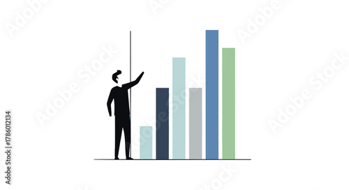 Silhouette of a person pointing at a rising bar graph representing growth and success in business and finance