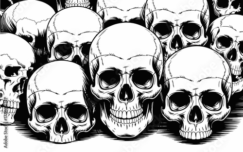 A dense collection of detailed black and white skulls in a graphic illustration style