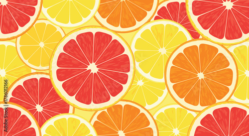 A vibrant, seamless pattern of colorful citrus fruit slices including grapefruits and oranges.