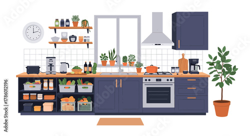 Modern kitchen with dark blue cabinets, open shelves, and a variety of food items on display.