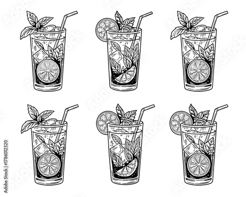 Collection of hand drawn mojito cocktails with lime and mint