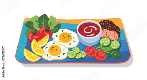 A vibrant and nutritious breakfast spread featuring two fried eggs, fresh vegetables, tangy lemon wedges, and a bowl of red sauce on a colorful striped plate.