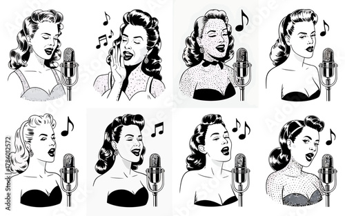 Vintage retro pop art singers performing with microphones and musical notes