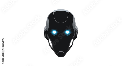 Futuristic black robot head with glowing blue eyes on a white background symbolizing artificial intelligence and technology
