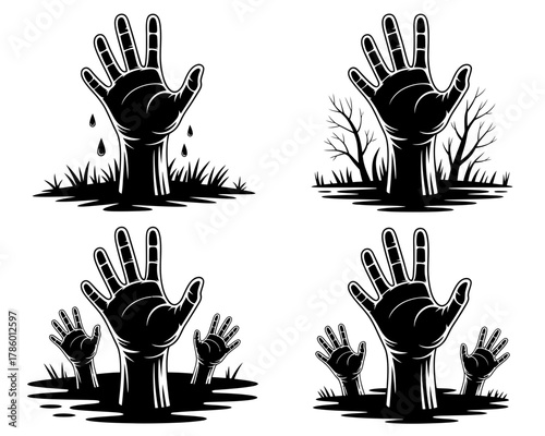Zombie hands rising from the ground in different scenarios