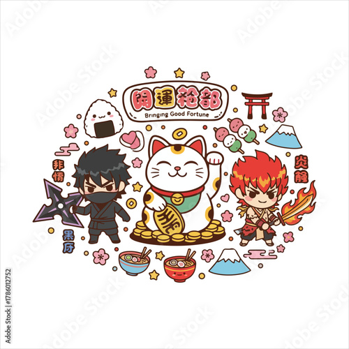 Cartoon illustration featuring a Maneki Neko cat surrounded by Japanese cultural icons like ninja, samurai, Mount Fuji, Torii gate, ramen, and sweets, all in...
