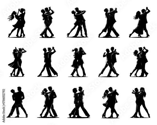 Collection of silhouettes of couples dancing together in various poses