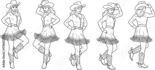 Cowgirl dance pose illustration, western outfit choreography, dynamic female movement, cowboy boots sketch, cad drawing flat vector illustration