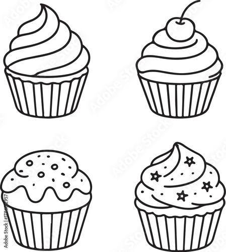 Cupcakes Black and White Vector Illustration.eps