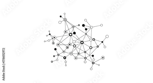 Abstract network of interconnected nodes and lines representing data connections and digital communication on a white background