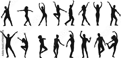 Dance silhouettes, expressive poses, contemporary dancers, movement art, body language, graceful motion, vector people, black figures, flat illustration