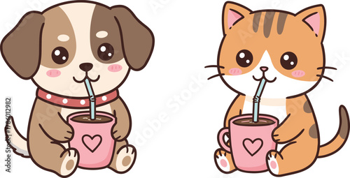 Cute dog, cartoon cat, animal friends, sipping mugs, heart symbol, cozy moment, pet illustration, black vector, cad drawing, flat design