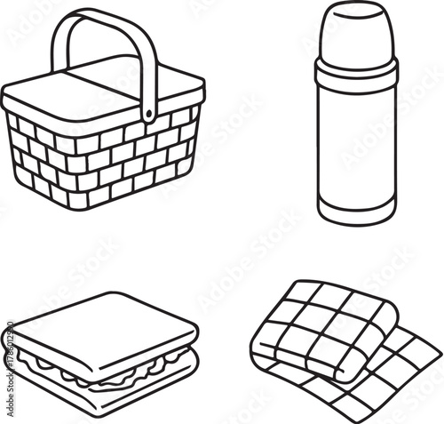 Outdoor Picnic Items Black and White Vector Illustration.eps