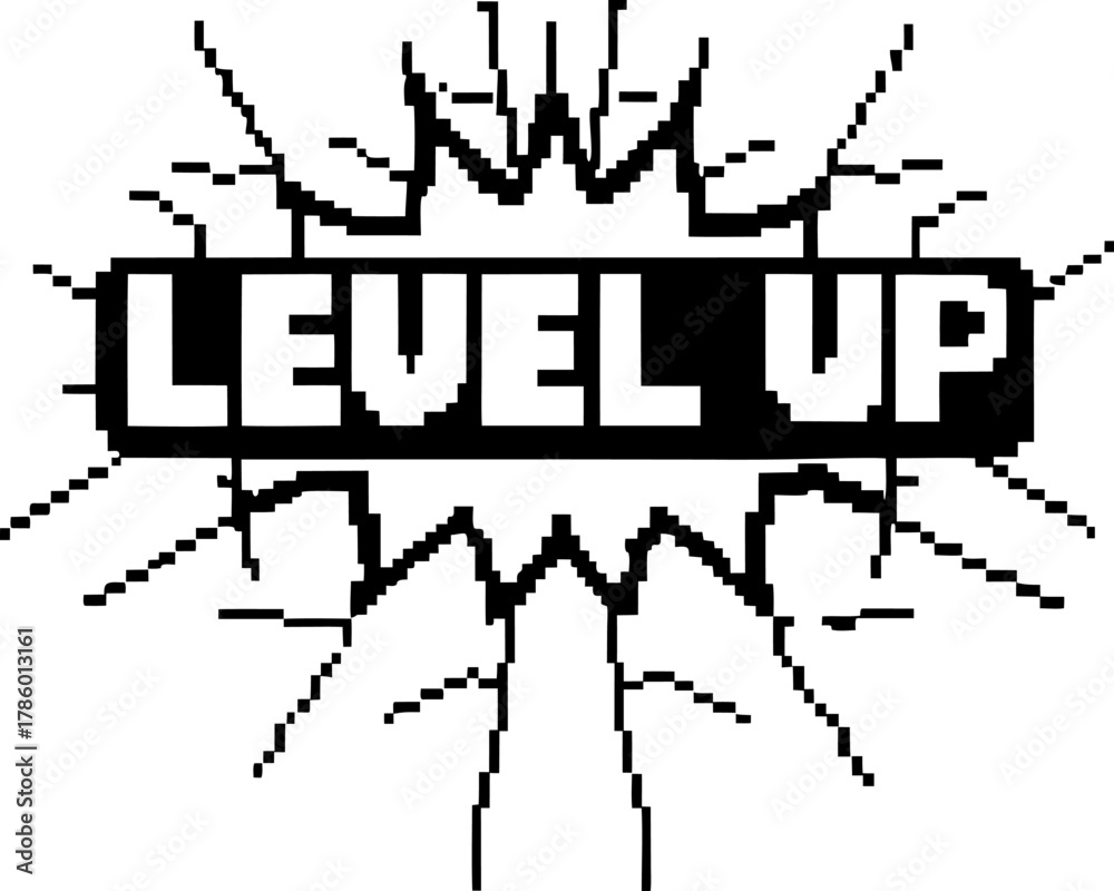 Fototapeta premium Level up retro game achievement pixel text graphic, progress reward, old school video gaming progress screen
