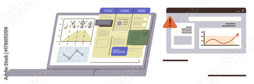 Open laptop displaying task board, charts, and data analysis windows. Alert highlighting potential issues. Ideal for project planning, productivity, analytics, problem-solving, teamwork workflow