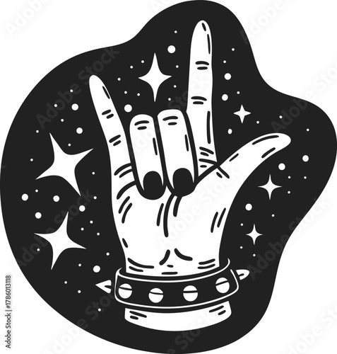 Rock hand gesture illustration with spiked bracelet and starry cosmic background retro tattoo style, black and white design