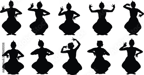 dance, classical, Indian, Bharatanatyam, mudra, pose, silhouette, tradition, culture, movement, expression, art, icon, vector, black, white, graceful, cad drawing flat vector illustration