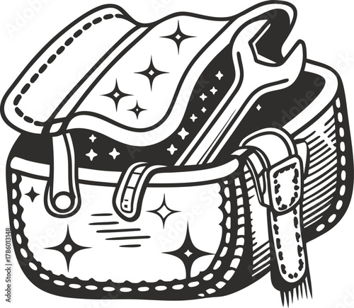 Tool pouch with open flap holding wrench, stars, and stitched details hand drawn repair kit concept with vintage leather bag