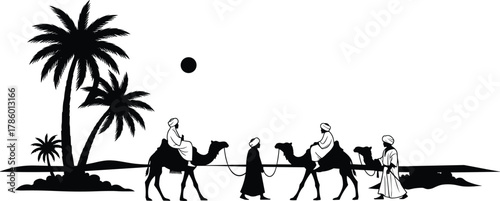desert, camel, travel, nomad, silhouette, vector, journey, landscape, culture, sun, palm, rider, sand, group, flat, desert caravan, camel rider, travel icon, nomadic journey, cultural scene, flat desi