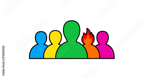 Colorful crowd icon with one person on fire representing burnout.