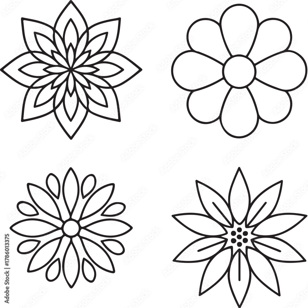 Fototapeta premium Symmetrical Floral Patterns Black and White Vector Illustration.eps