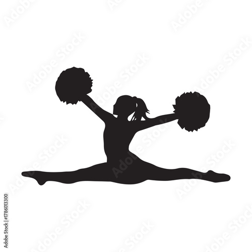 Silhouette of a cheerleader performing a split with pom-poms extended upwards in the air.