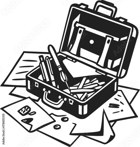 Open artist toolbox with creative supplies, pencils, paintbrush, and scattered sketches art design creativity concept illustration