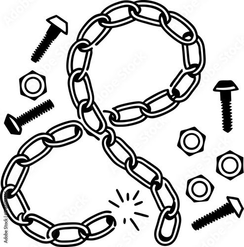 Broken metal chain in the shape of number eight with bolts and nuts concept of mechanical failure, repair, or strength
