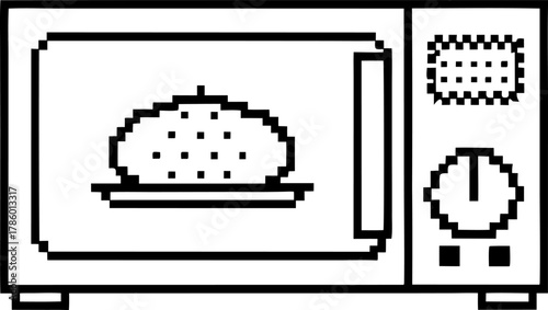 Pixel art microwave oven with food on plate, simple black outline, household appliance for kitchen interior