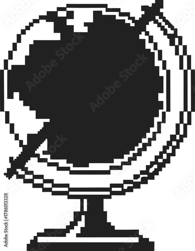 Pixel art world globe isolated on white background retro earth illustration, digital global icon, vintage education symbol