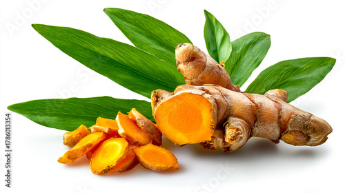 Turmeric with a white background, the cut turmeric root is isolated on the right side of the picture