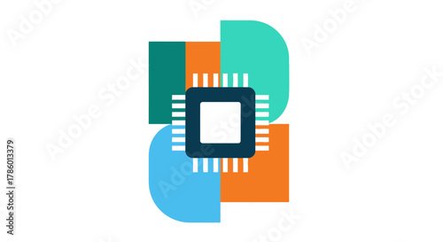 Computer Microchip Processor on Abstract Colorful Shapes.